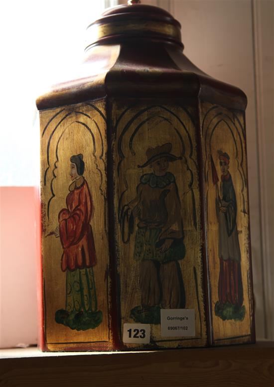 Red lamp decorated with gentleman standing